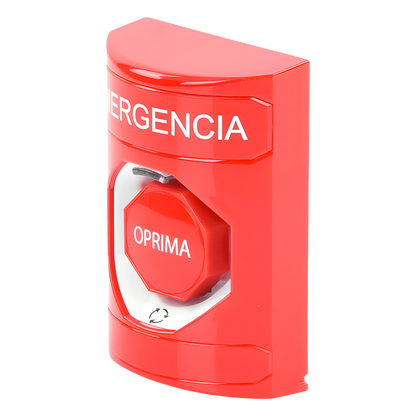Botón de Emergencia, Texto en Español, Color Rojo, Acción Mantenida, Girar para Restablecer y LED Multicolor