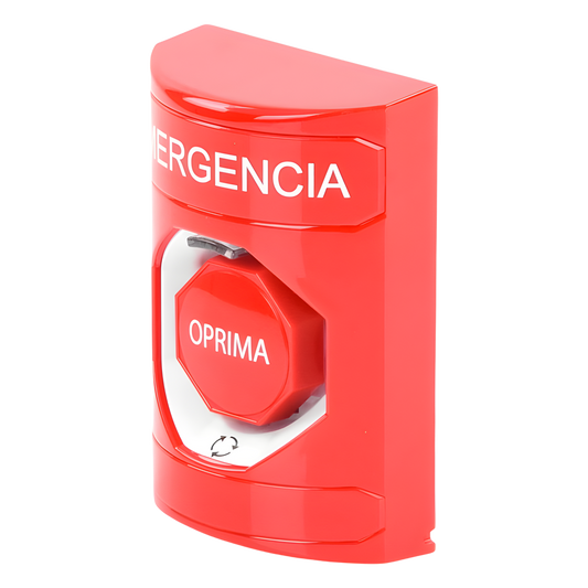 Botón de Emergencia, Texto en Español, Color Rojo, Acción Mantenida, Girar para Restablecer y LED Multicolor