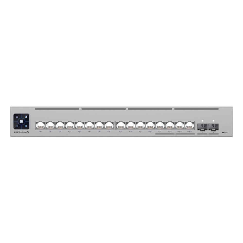 UniFi Switch Pro Max 16 PoE con funciones Capa 3, 16 puertos EtherLight RGB / (4) puertos 2.5 GbE POE++ y (12) puertos GbE POE+ /(2) puertos SFP+ 10G