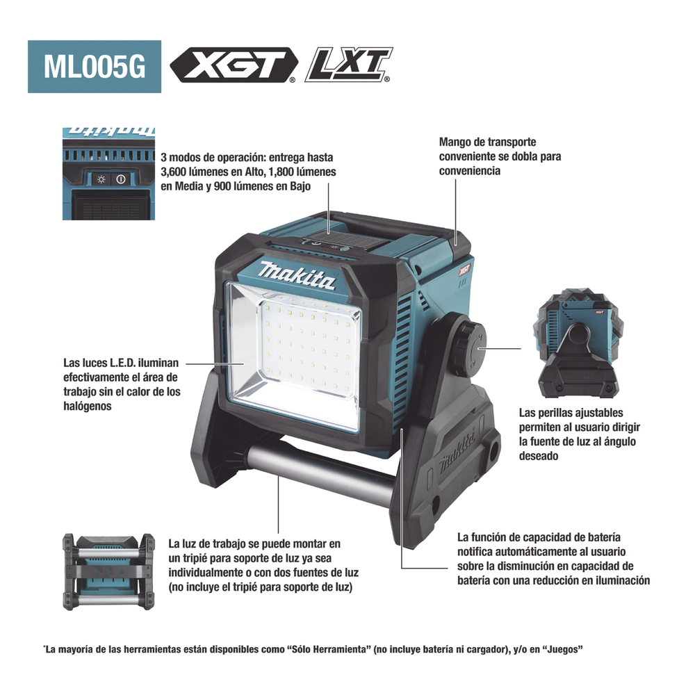 Luz de Trabajo Inalámbrica Utiliza Batria XGT® de 40V o LXT® Litioâ€‘Ion de 18V.