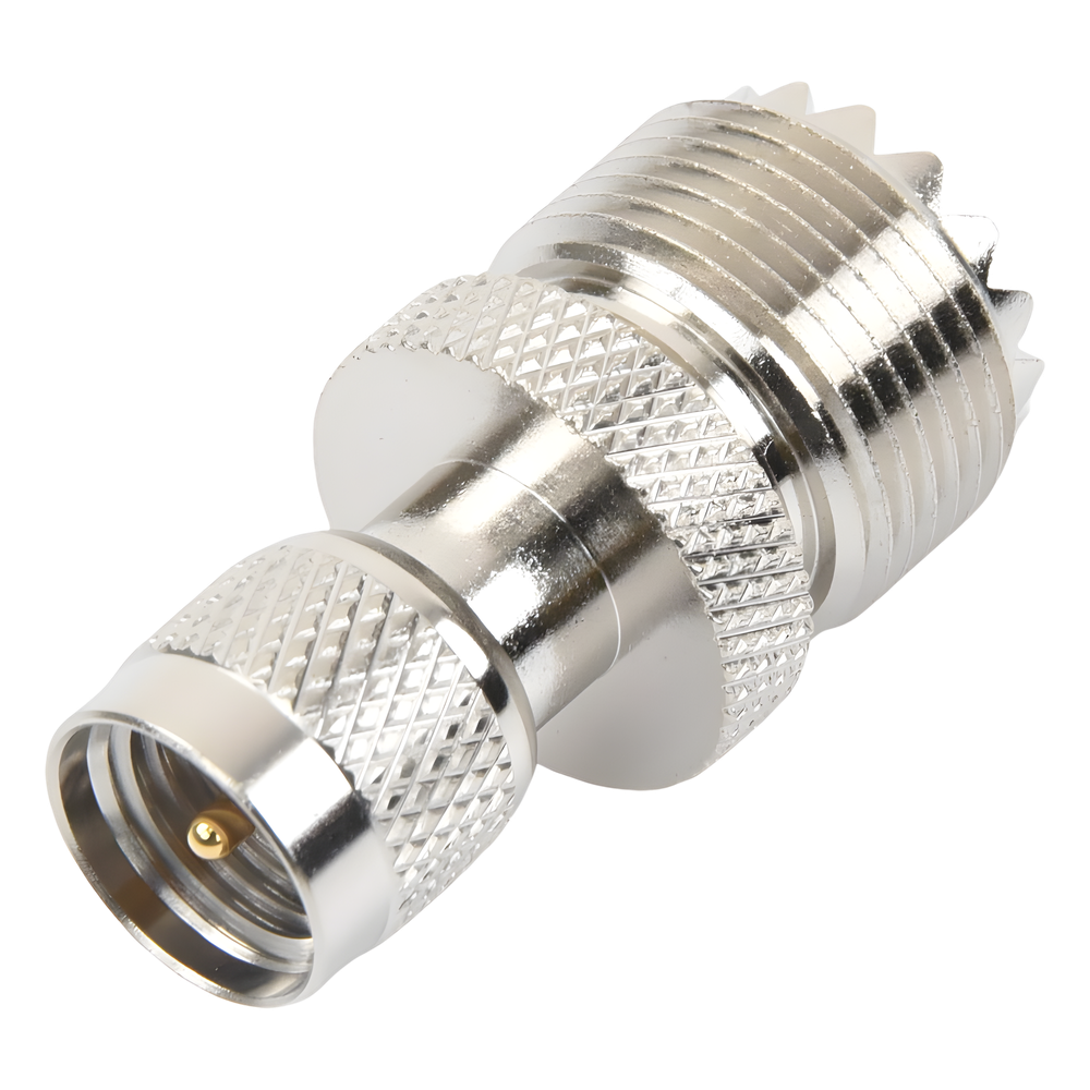 Adaptador en Línea de Conector Mini UHF Macho a UHF Hembra (SO-239), Níquel/ Oro/ Teflón