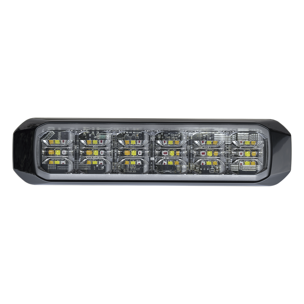 Luz Auxiliar de 18 LED, Tricolor Rojo/Blanco/Azul, Lente Transparente, Bisel Negro, SAE