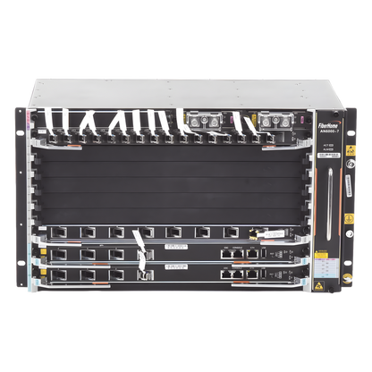 OLT Carrier Class Modular GPON, 6 Ranuras de Servicio, Incluye 1 Tarjeta de Servicio 16 puertos GPON, crecimiento hasta 96 puertos GPON, 6 UR