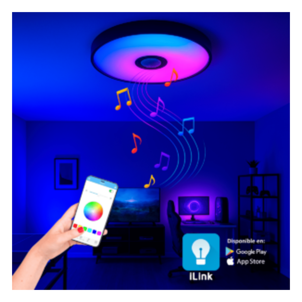 Luminario LED RGB de 30W / 2400 Lúmenes / Bocina con Bluetooth Integrada / Voltaje 85-265V / Temperatura Cálida, Neutra y Fría / App iLink