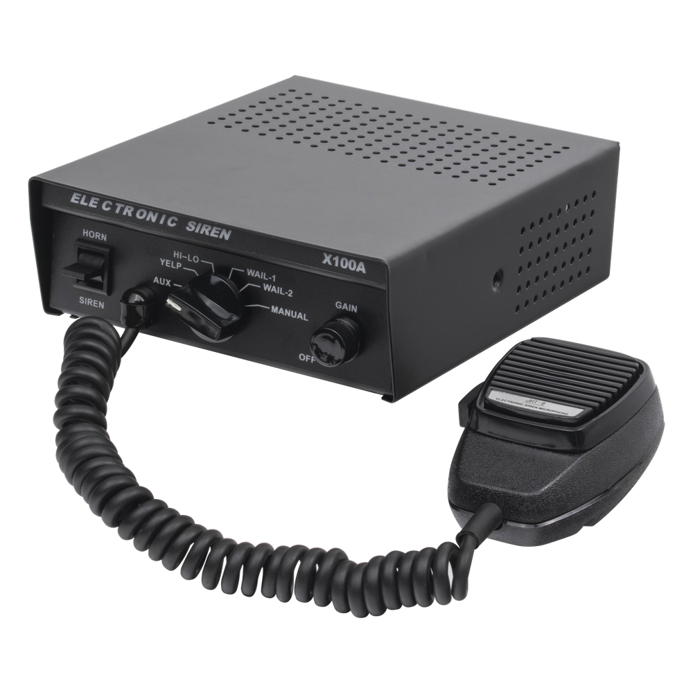 Sirena Vehicular de 100W de Potencia, Con Switch Giratorio de 6 posiciones y Micrófono Integrado de Uso Rudo