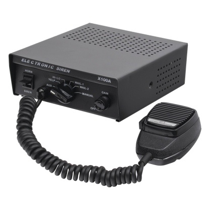 Sirena Vehicular de 100W de Potencia, Con Switch Giratorio de 6 posiciones y Micrófono Integrado de Uso Rudo