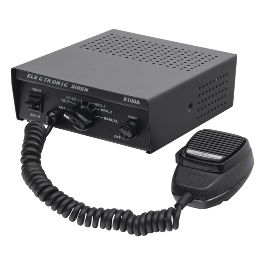 Sirena Vehicular de 100W de Potencia, Con Switch Giratorio de 6 posiciones y Micrófono Integrado de Uso Rudo