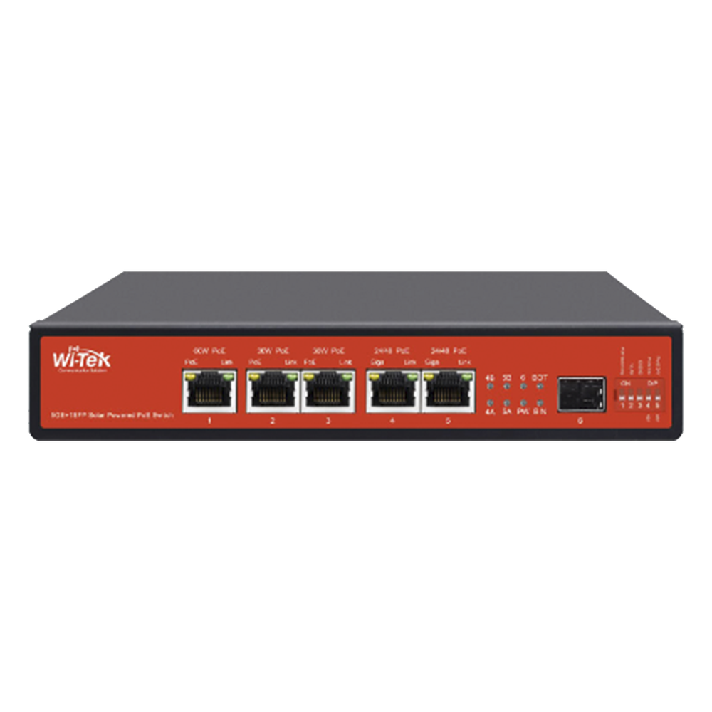 Controlador Solar de 15A con Switch PoE / 1 Puerto Gigabit PoE 802.3 bt / 2 Puertos PoE 802.3 af/at / 2 Puertos PoE Pasivo 24/48 Vcc / 1 Puerto SFP