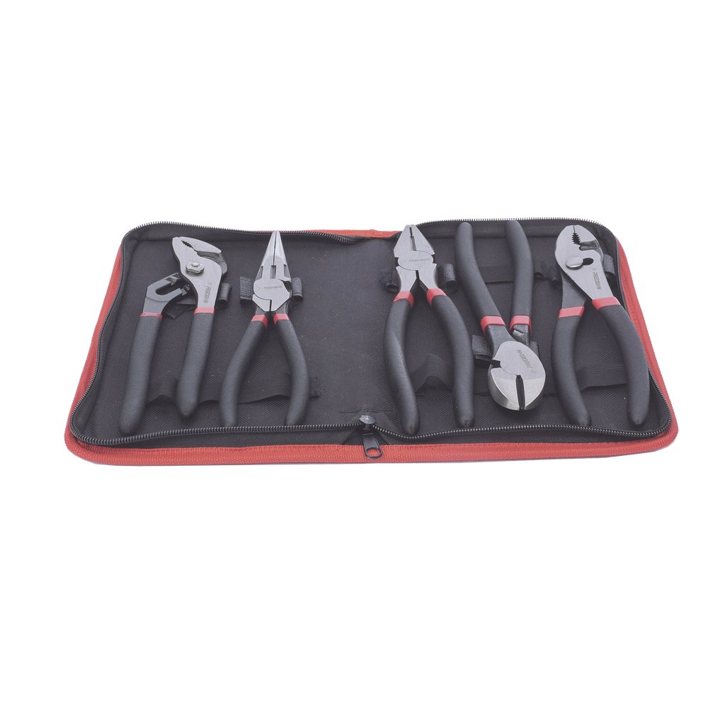 Juego de 5 Pinzas de 8" con Estuche. Incluye: P. Mecánica, P. para Tubo, P. Eléctrica, P. Corte, Nariz Larga.