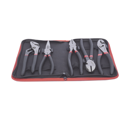 Juego de 5 Pinzas de 8" con Estuche. Incluye: P. Mecánica, P. para Tubo, P. Eléctrica, P. Corte, Nariz Larga.