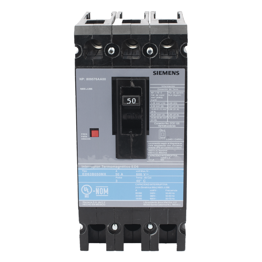 Interruptor Termomagnético ED6 600V 3X50A, Con zapatas principales.