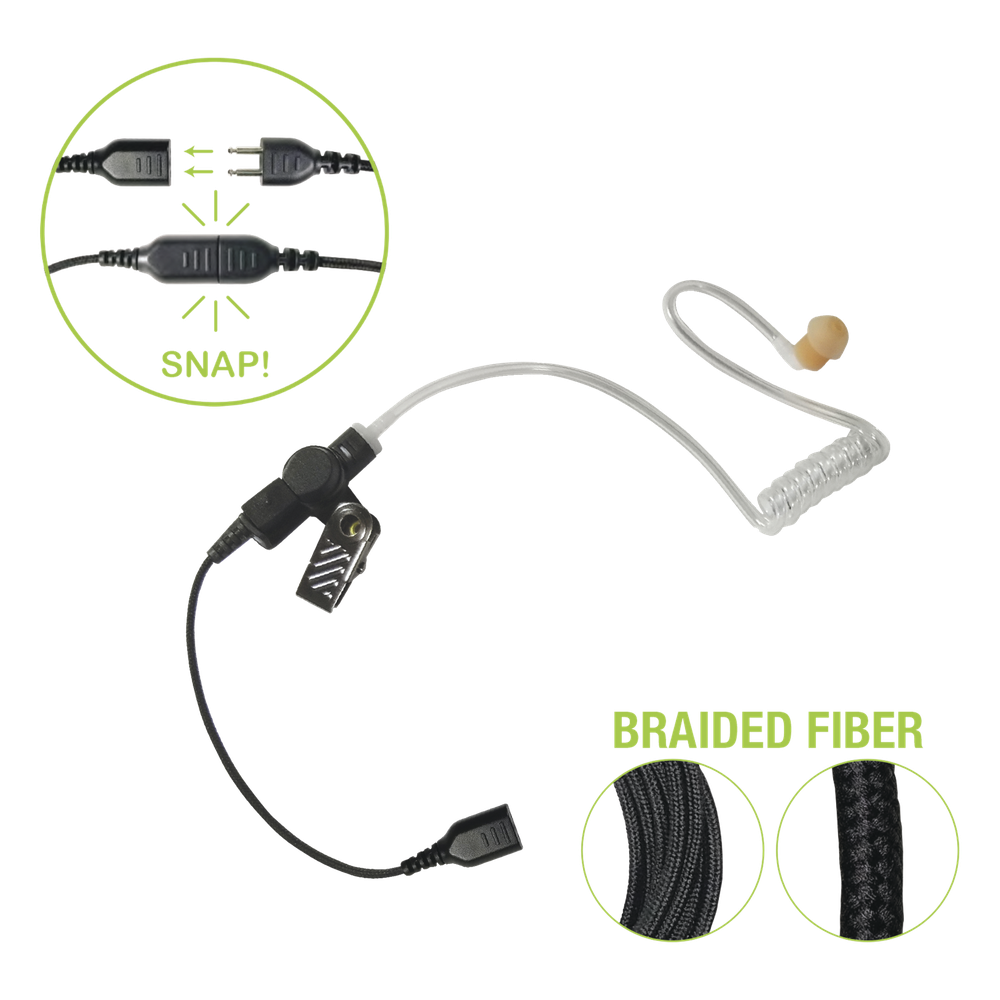 Auricular de tubo acústico transparente con cable de fibra tranzada con conector SNAP tipo MIRAGE. Requiere micrófono de solapa de 1 o 2 hilos de la