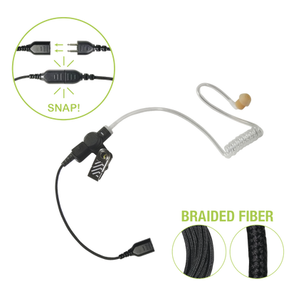 Auricular de tubo acústico transparente con cable de fibra tranzada con conector SNAP tipo MIRAGE. Requiere micrófono de solapa de 1 o 2 hilos de la