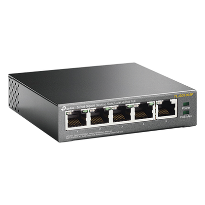 Switch Escritorio No Administrable de 5 puertos 10/100/1000 Mbps / Con 4 puertos PoE 802.3af/at de hasta 65 W / PoE Extendido hasta 250 metros