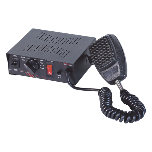Sirena Vehicular de 100W de Potencia, Con Switch Giratorio de 6 posiciones y Micrófono Integrado de Uso Rudo