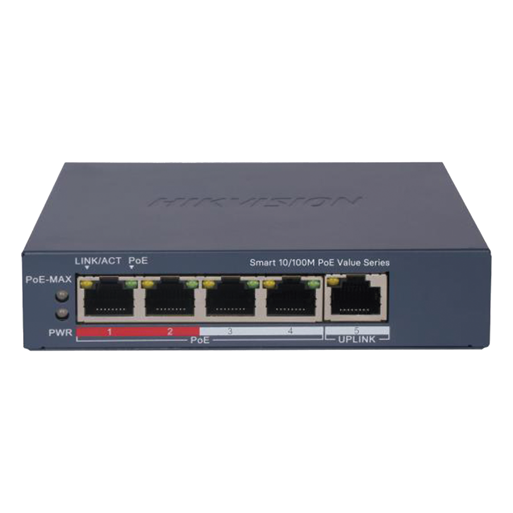 Switch PoE+ / Monitoreable / 4 Puertos 10/100 Mbps PoE+ / 1 Puerto 10/100 Mbps Uplink / Configuración Nube Hik-PartnerPro / Modo Extendido hasta 300
