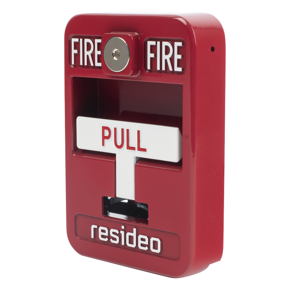 Estación manual de jalón contra incendio de acción simple, reset con llave Allen, cumple ADA, carcasa de aluminio fundido