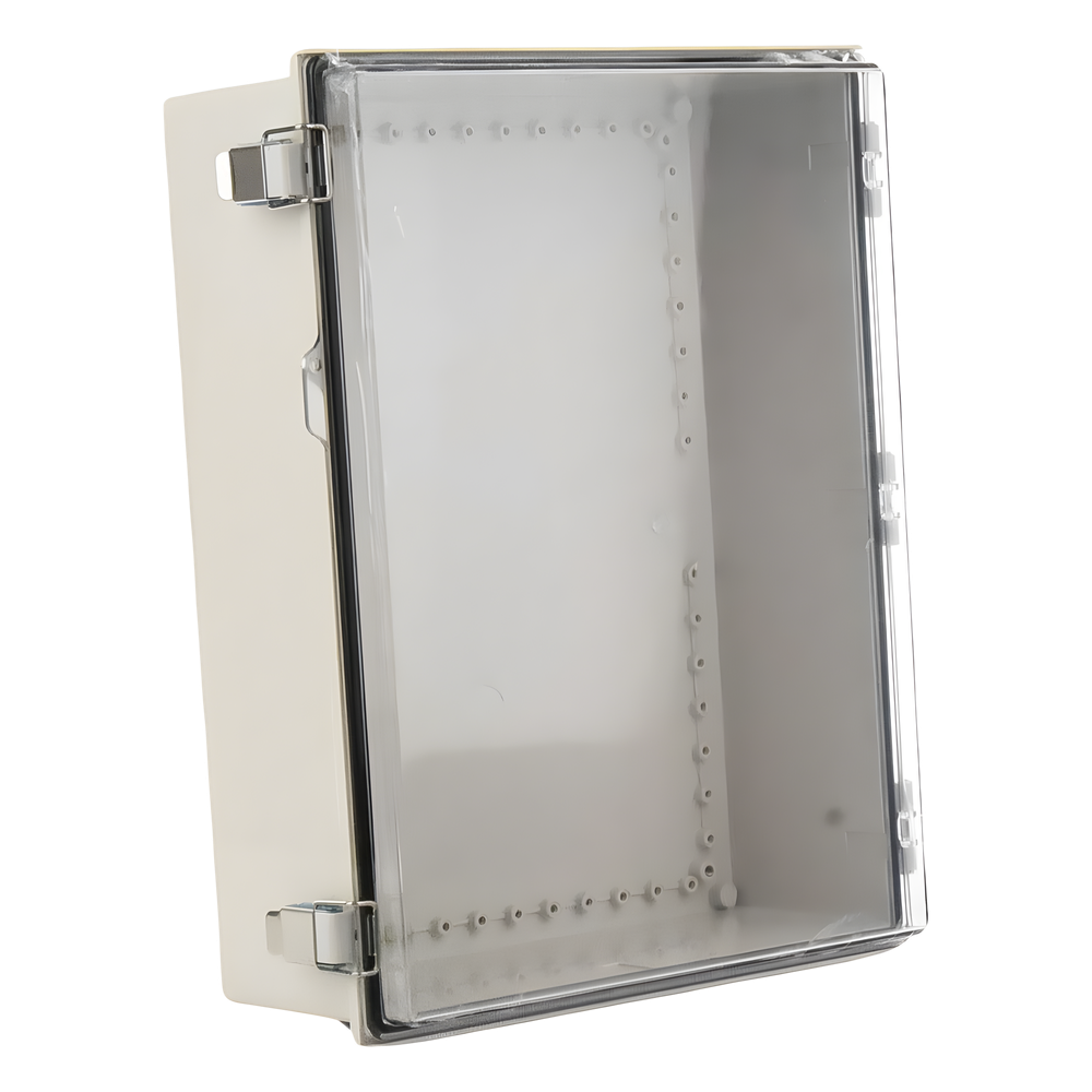 Gabinete Plástico ABS, Puerta Transparente, Uso en Intemperie (350 x 460 x 160 mm) Cierre por Broches Inoxidables y Permite Cerrado con Candado y