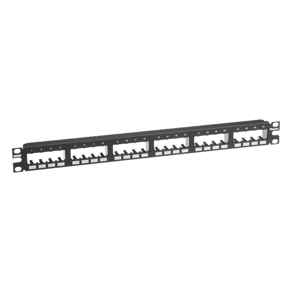 Panel de Parcheo Modular Mini-Com (Sin Conectores), Plano de Instalación al Ras, Sin Blindaje, de 24 Puertos, 1UR