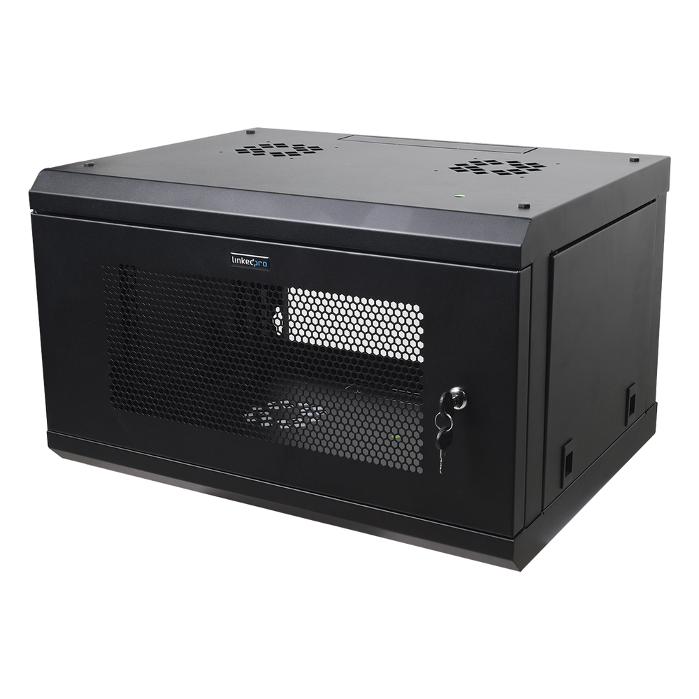 Gabinete de Pared de 6U con Puerta Perforada, 455 mm de Profundidad Total, Rack de 19'', Acero Reforzado Color Negro