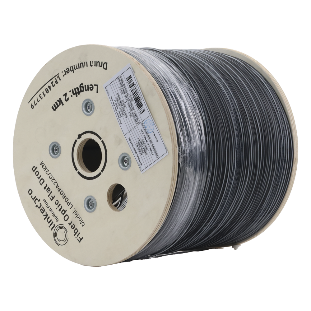 Carrete de 2 km de Fibra Óptica Drop Plana, Interior/Exterior G.657A2 Monomodo de 2 Hilos (Bifibra), Dieléctrica, Forro Negro, (No Soporta Conectores