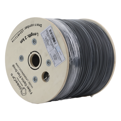 Carrete de 2 km de Fibra Óptica Drop Plana, Interior/Exterior G.657A2 Monomodo de 2 Hilos (Bifibra), Dieléctrica, Forro Negro, (No Soporta Conectores
