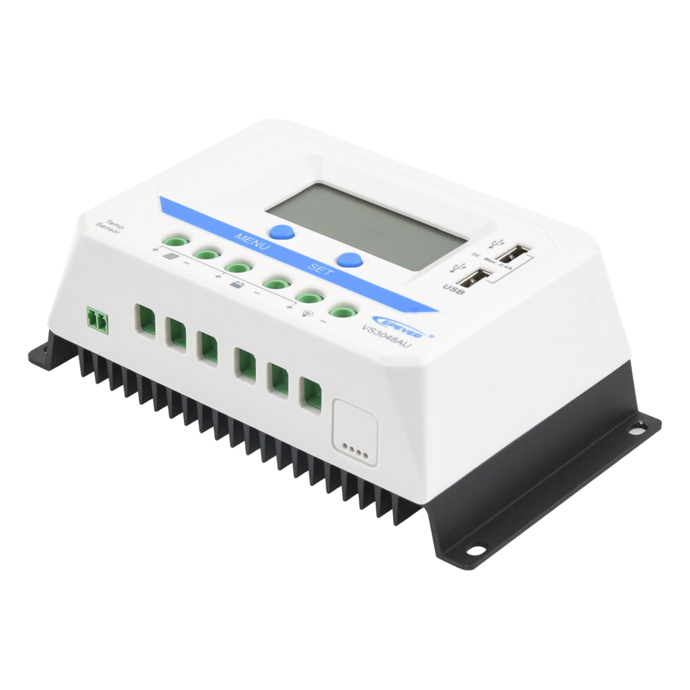 Controlador Solar PWM / 30A / 12/24V/36/48V / Doble USB / Pantalla LCD / Tierra Positivo Común