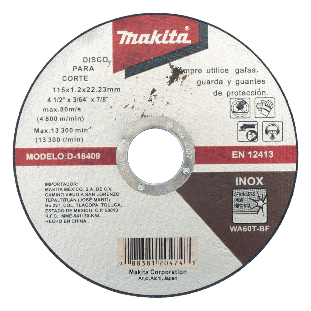 Disco de Corte de 7/8" de acero inoxidable, diámetro de 4-1/2"