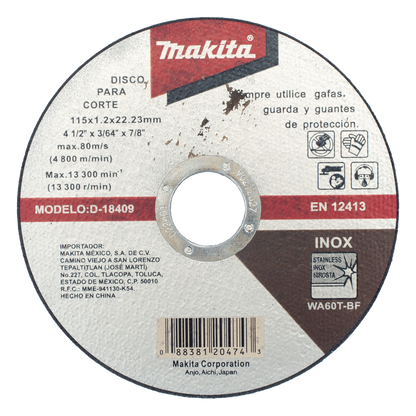 Disco de Corte de 7/8" de acero inoxidable, diámetro de 4-1/2"