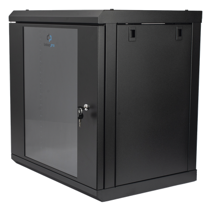 Gabinete de Pared de 12U con Puerta de Cristal Templado, 455 mm de Profundidad, Rack de 19'', Acero Reforzado Color Negro.