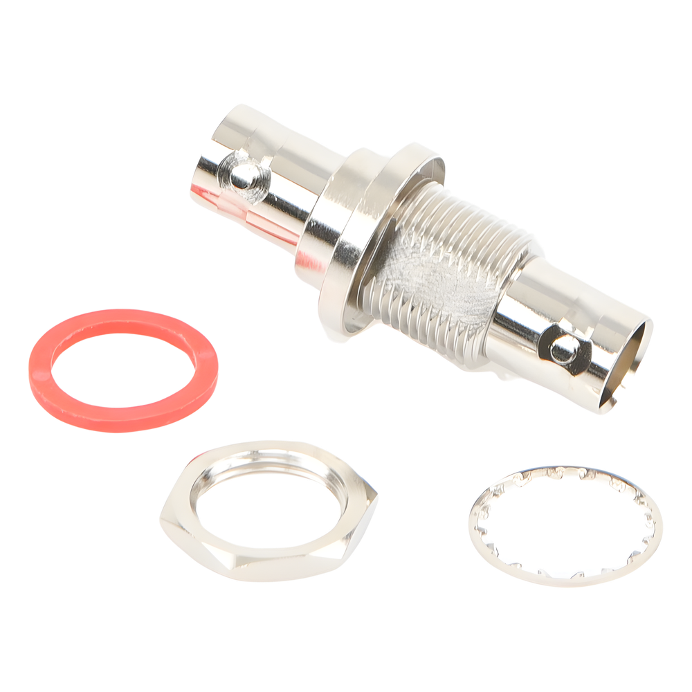 Adaptador Doble BNC Hembra para Chasis, Hermético y de Montaje en D-Plano, Níquel/ Oro/ Delrin