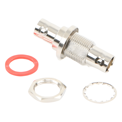 Adaptador Doble BNC Hembra para Chasis, Hermético y de Montaje en D-Plano, Níquel/ Oro/ Delrin