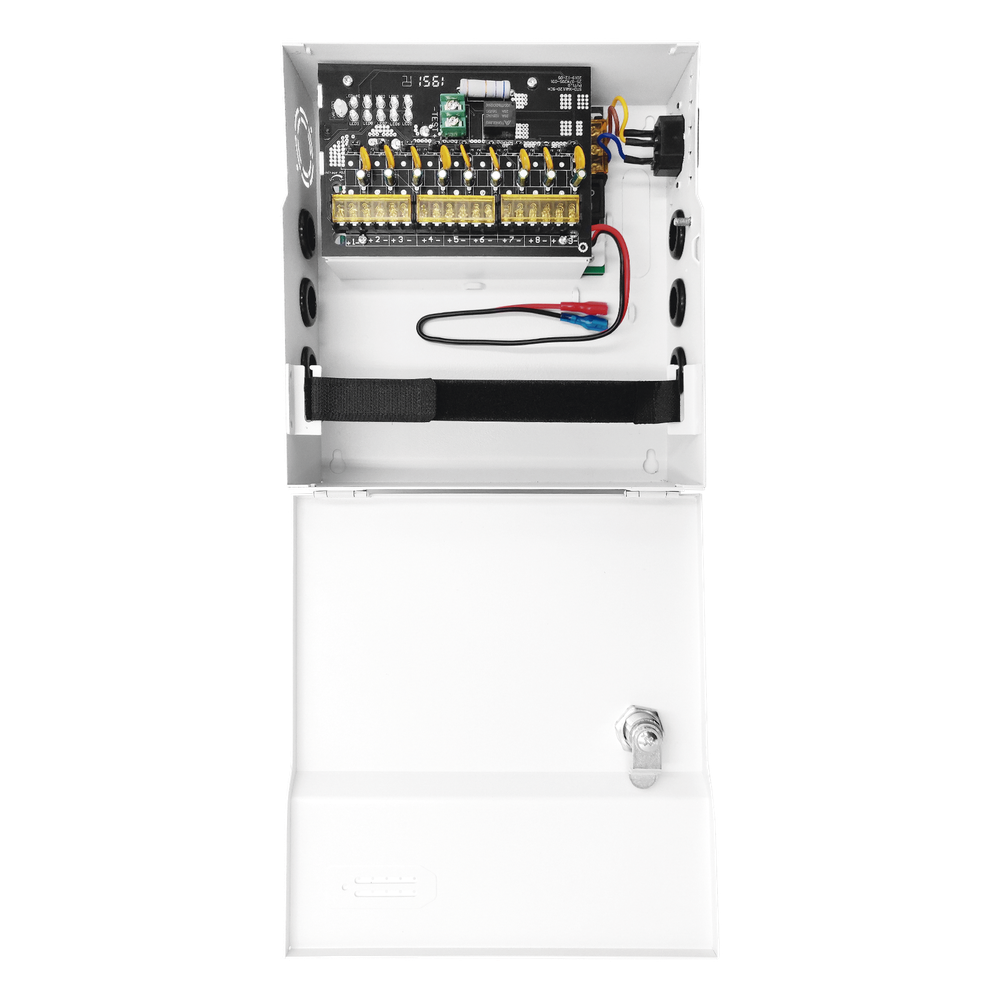 Fuente de Poder con ajuste de voltaje de 11- 15 Vcc / 10 A / 9 Salidas / Capacidad de Batería de Respaldo / Requiere Batería / Voltaje de Entrada