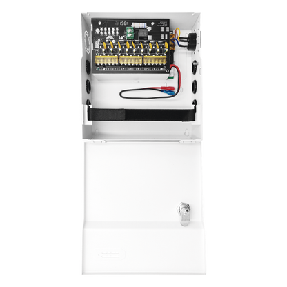 Fuente de Poder con ajuste de voltaje de 11- 15 Vcc / 10 A / 9 Salidas / Capacidad de Batería de Respaldo / Requiere Batería / Voltaje de Entrada