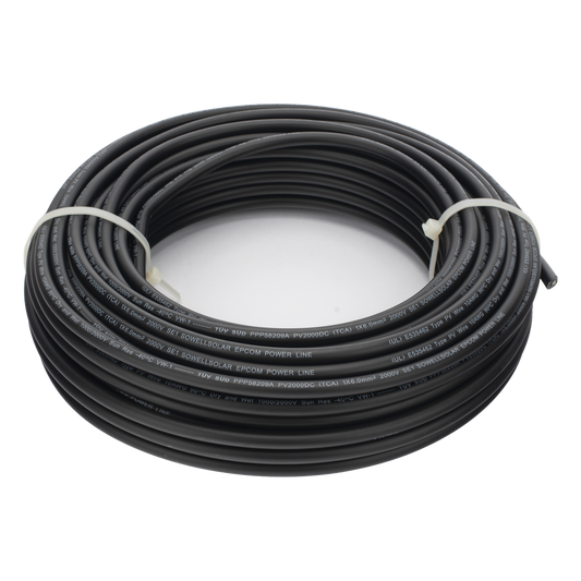 Cable Fotovoltaico Negro / Cobre Estañado / 6 mm² (10 AWG) / 2000V / Rollo de 25 m / / UL 4703 y TUV
