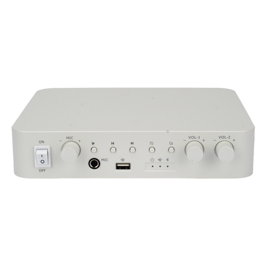 Amplificador | Bluetooth | 2 Canales con Control de volumen Independiente | 30 W por Canal | Salida 4-8 ohms x 2 | 100V COM x 2 | Una Zona | Música