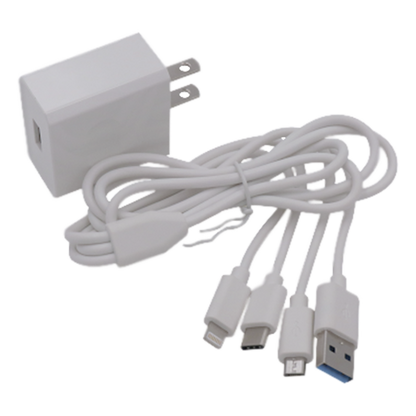 Cargador de pared USB de 5 Vcc 2A / Multi-puertos / USB-C / Micro USB / Tipo C / Lightning (iPhone) / Extensión de cable 1.2 metros