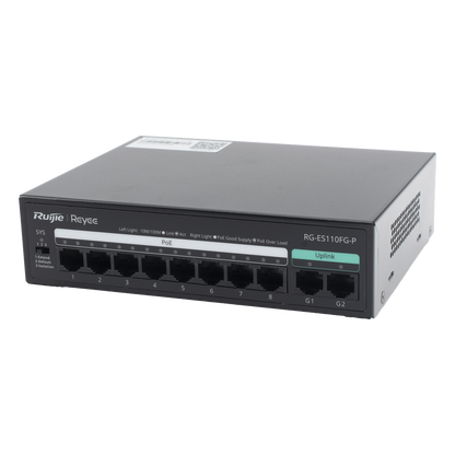 Switch PoE+ no Administrable, hasta 110 Watts, 8 puertos PoE+ 10/100 y 2 Uplinks Gigabit 1G