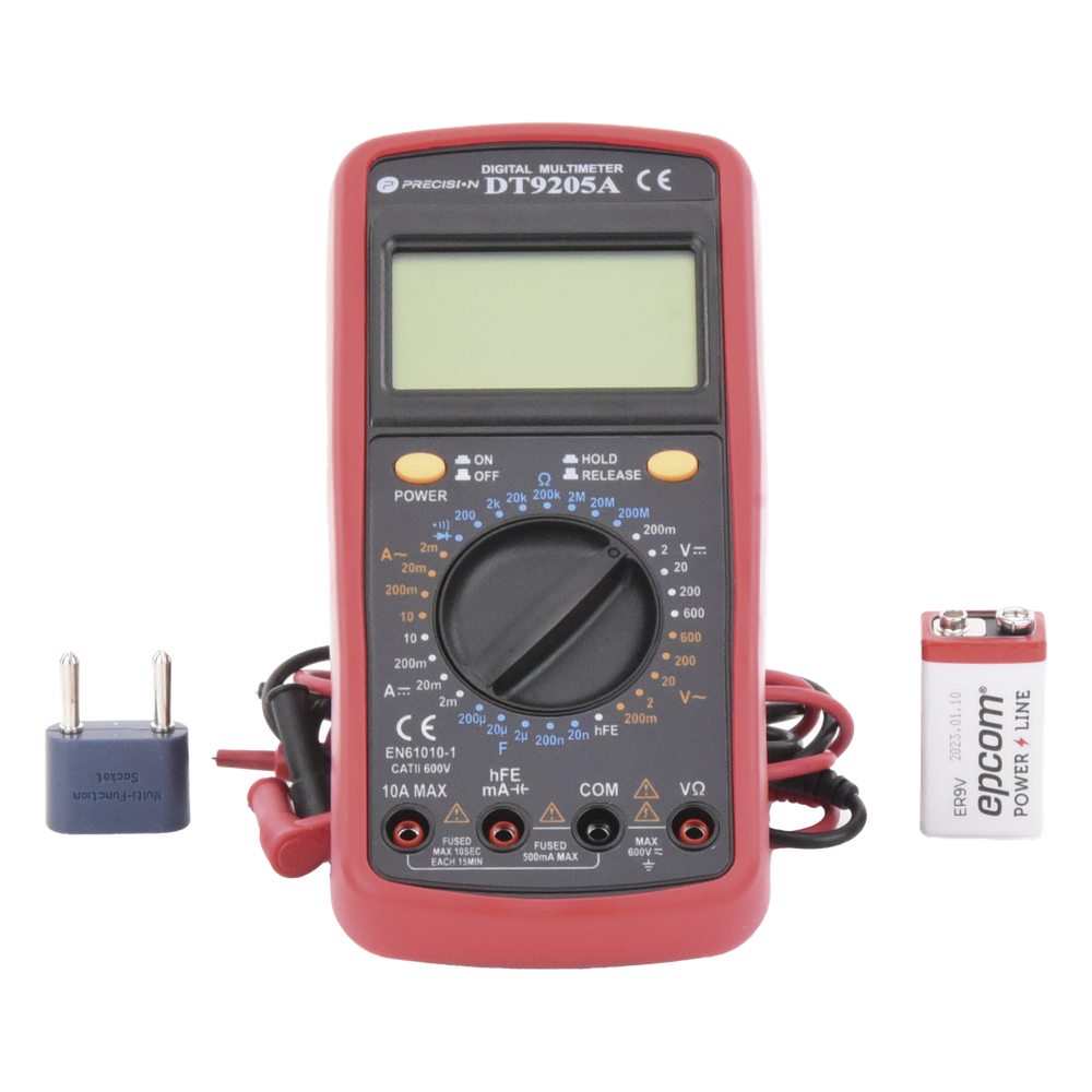 KIT Multímetro Digital DT9205A 600 Vcc / Vca CATII, con Pantalla LCD. Incluye Batería ER-9V de 9V