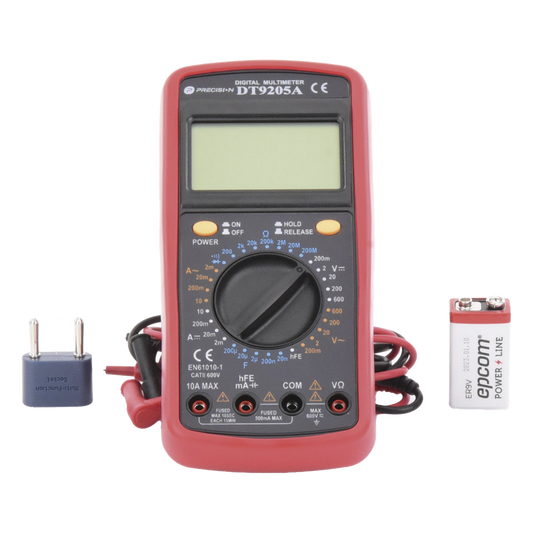 KIT Multímetro Digital DT9205A 600 Vcc / Vca CATII, con Pantalla LCD. Incluye Batería ER-9V de 9V