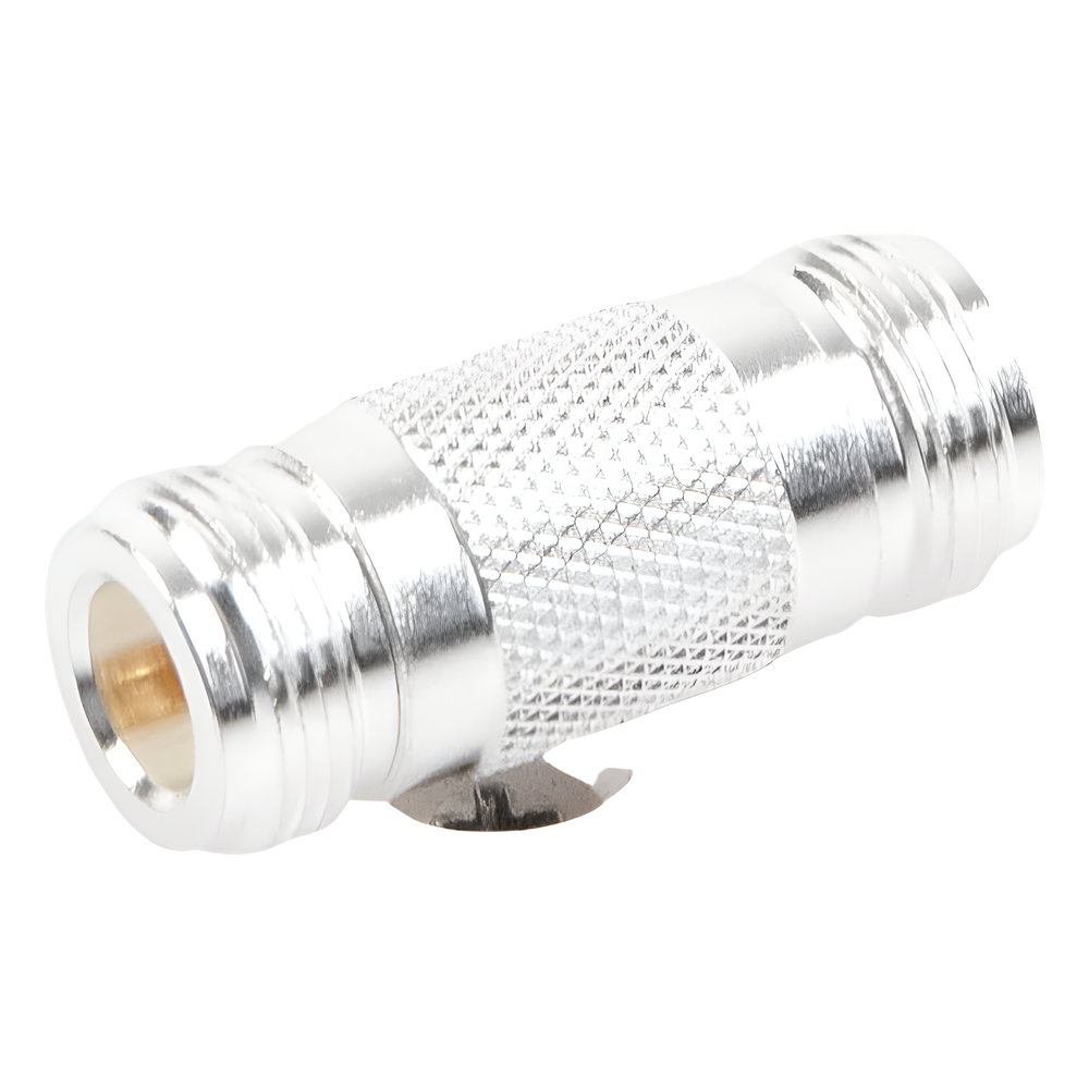 Adaptador Barril en Linea para 50 Ohm, de Conector N Hembra a N Hembra, Plata/ Oro/ Teflón