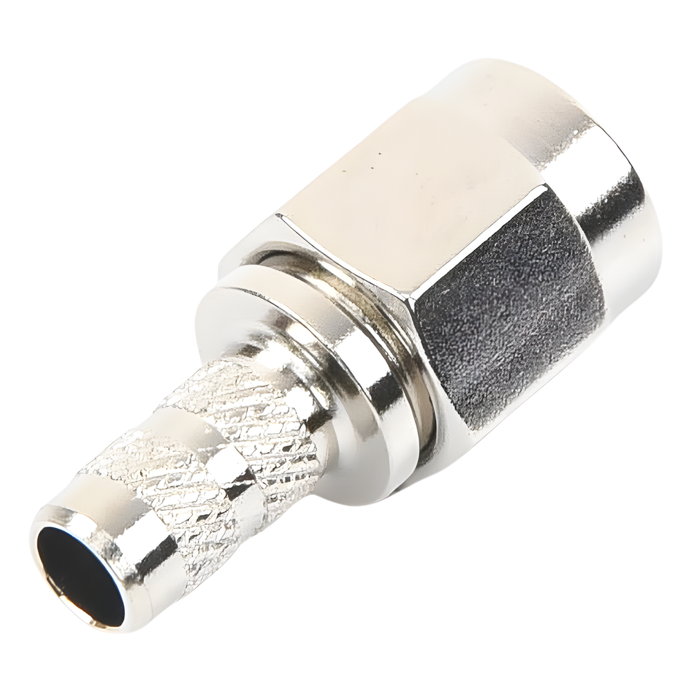 Conector SMA Macho de Anillo Plegable / Cable RG-58/U, RG-142/U, LMR-195 / 50 Ohm / 0 a 12.4 GHz / VSWR 1.3 / Cuerpo Níquel / Contacto Oro / Aislante