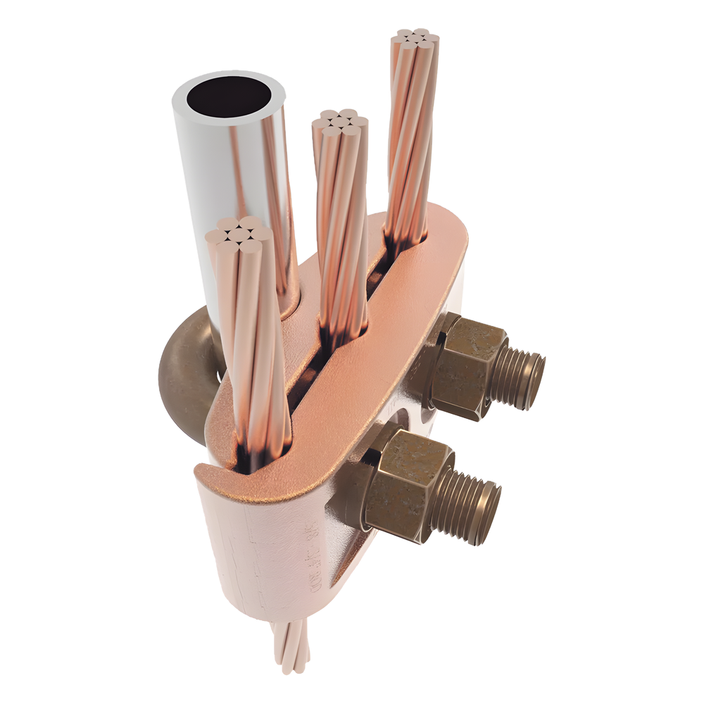 Conector Mecánico para 3 Cables para Calibre 2/0 AWG - 250 KCMIL a Tubería de 3/8" o Varilla 5/8" - 3/4".