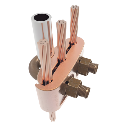 Conector Mecánico para 3 Cables para Calibre 2/0 AWG - 250 KCMIL a Tubería de 3/8" o Varilla 5/8" - 3/4".