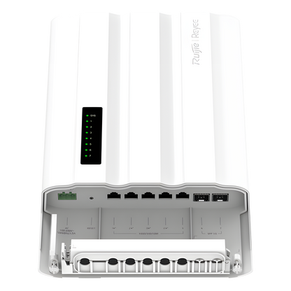 Switch PoE para Exteriores / 7 Puertos Gigabit / 5 RJ45 + 2 SFP / PoE+ 60W / ERPS / IP65 / -30°C a 65°C / Gestión Cloud / Capa 2 / Fanless