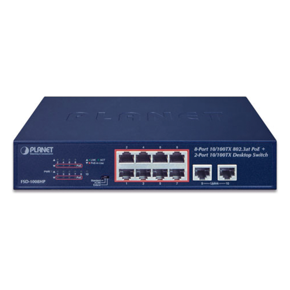 Switch de Escritorio de 8 Puertos 10/100TX 802.3at PoE+ / 2 Puertos 10/100TX / 120W PoE Budget / Modos Standard, VLAN y Extendido / Distancia