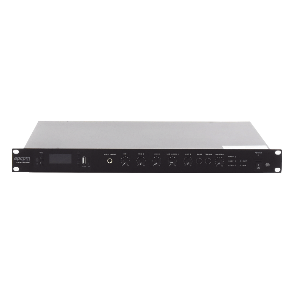 Amplificador de Audio | 1 canal | 350 W | Sistema 100V y Baja Impedancia | 4 Entradas de Micrófono Balanceadas | Bluetooth | USB | SD | FM | Montaje