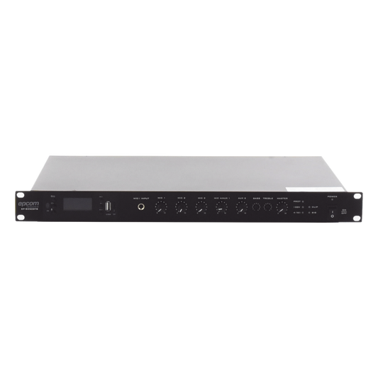 Amplificador de Audio | 1 canal | 350 W | Sistema 100V y Baja Impedancia | 4 Entradas de Micrófono Balanceadas | Bluetooth | USB | SD | FM | Montaje