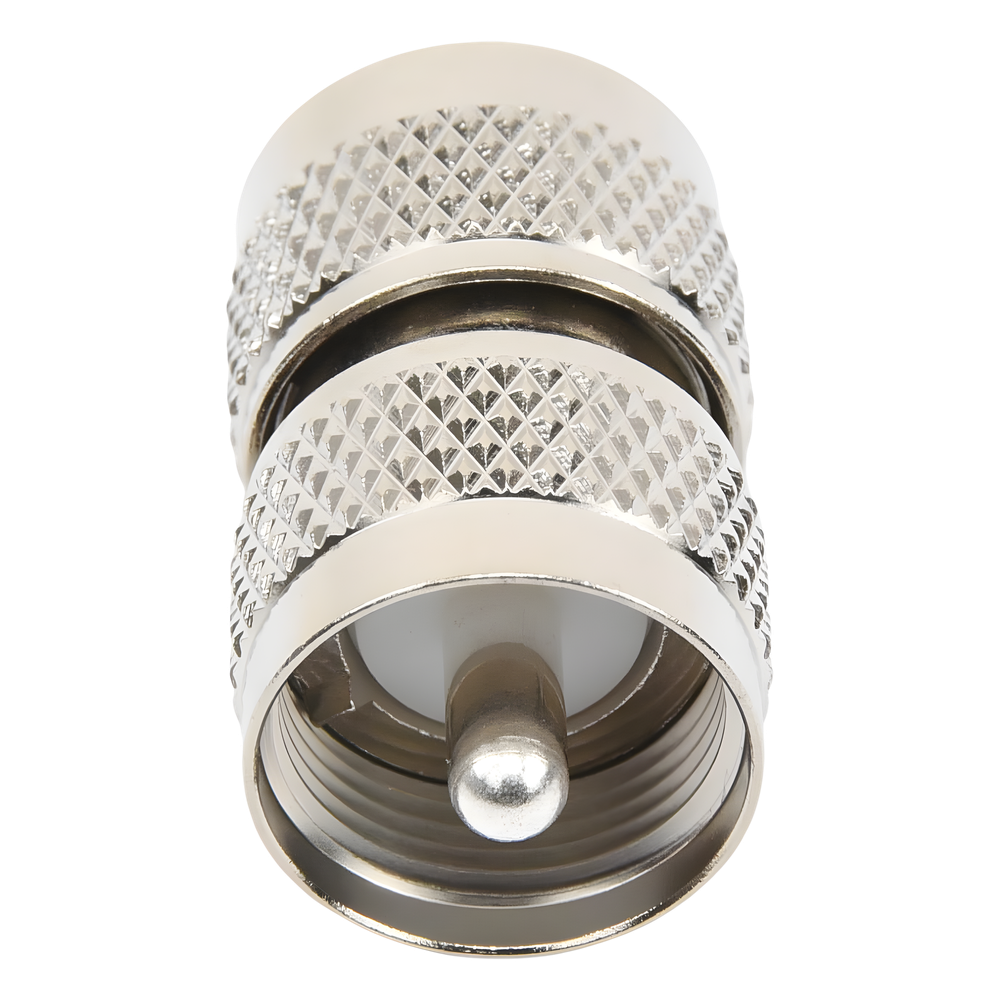 Adaptador RF Barril en Línea / Conector UHF Macho (PL-259) a UHF Macho (PL-259) / Cuerpo Bronce Níquel / Contacto Plata / Aislante Teflón