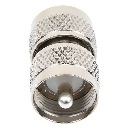 Adaptador RF Barril en Línea / Conector UHF Macho (PL-259) a UHF Macho (PL-259) / Cuerpo Bronce Níquel / Contacto Plata / Aislante Teflón